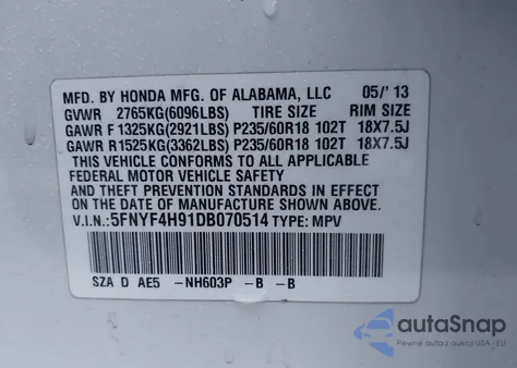 2013 Honda Pilot Touring from USA, damaged, VIN 5FNYF4H91DB070514